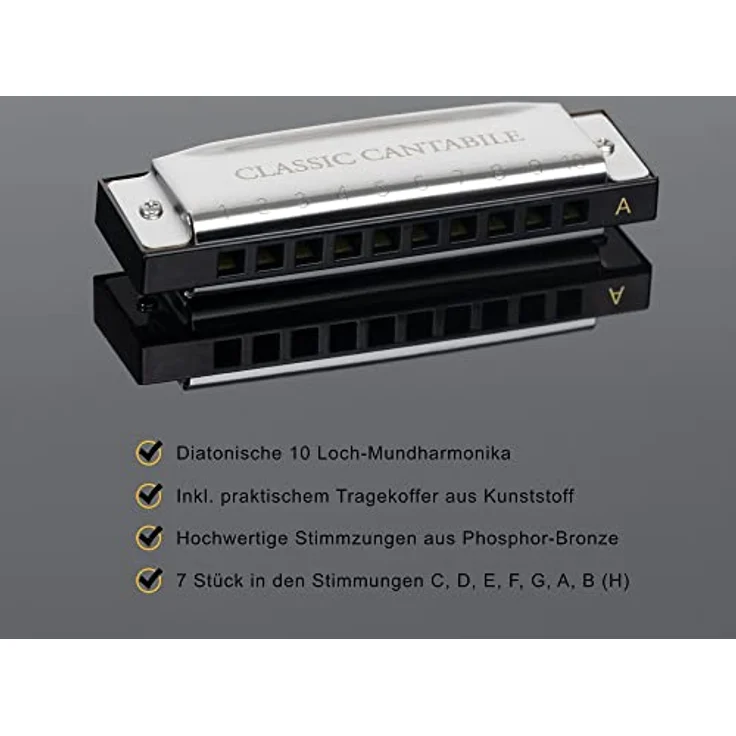 Classic Cantabile AHBS-7 Alabama Blues Harmonica 7er Mundharmonika Set - Diatonische Mundharmonikas in verschiedenen Stimmungen - 10 Messing Stimmzungen - Edelstahl-Gehäuse - Inkl. Etui & Pflegetuch – Bild 3