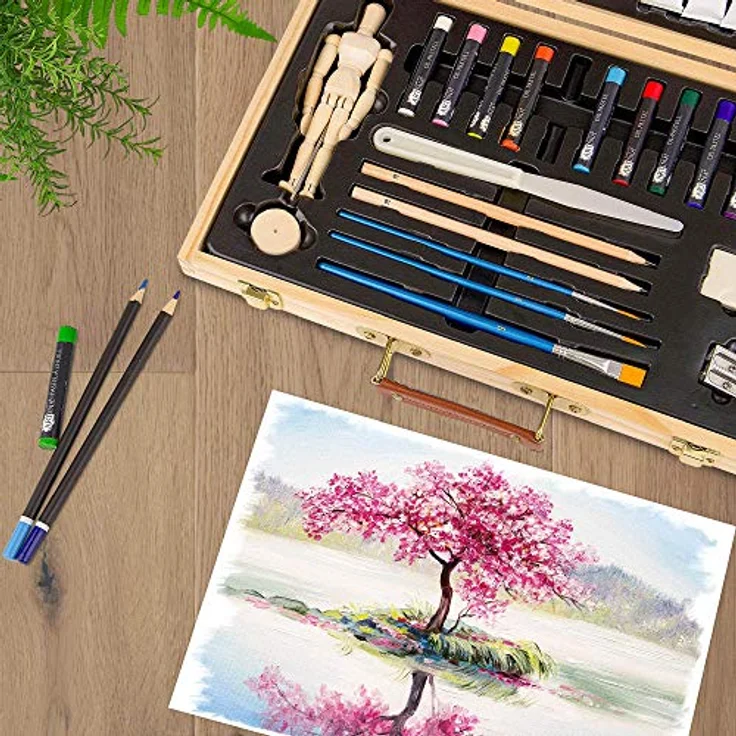 Artina Kreativset Leonardo, 45tlg. Malset mit 12 Acrylfarben, 12 Buntstiften und Gliederpuppe im Holzbox – Bild 6