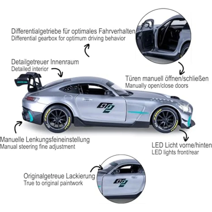 Grau Mercedes-AMG GT2, Ferngesteuertes Modellauto 1:14, silber, 2,4 GHz, manuelle Türöffnung, für Kinder ab 72 Monaten – Bild 4