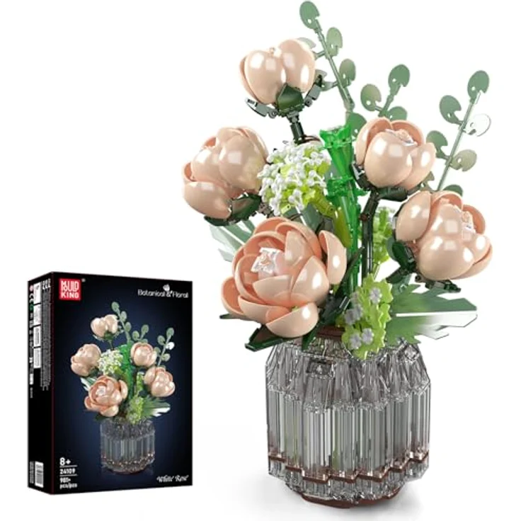 Mould King 24109 Rosenstrauß Baustein Vasen Set, kreatives Bastelset mit realistischen unvergänglichen Blumen für stilvolle Wohnraumdekoration, 981 Teile – Bild 1
