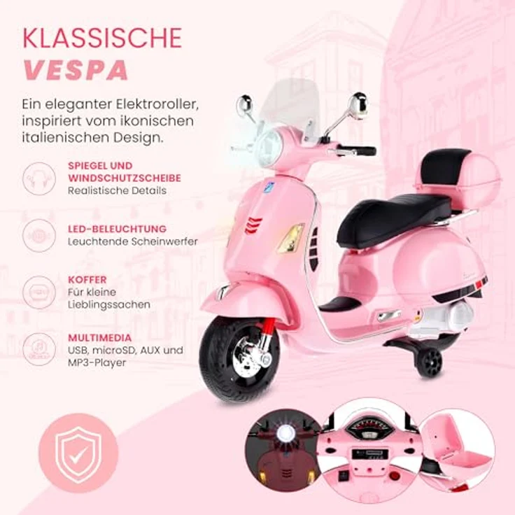 Sun Baby Elektrischer Kinderroller Vespa Maxi, 12V Elektrofahrzeug mit MP3, Kofferraum und Licht, rosa – Bild 2