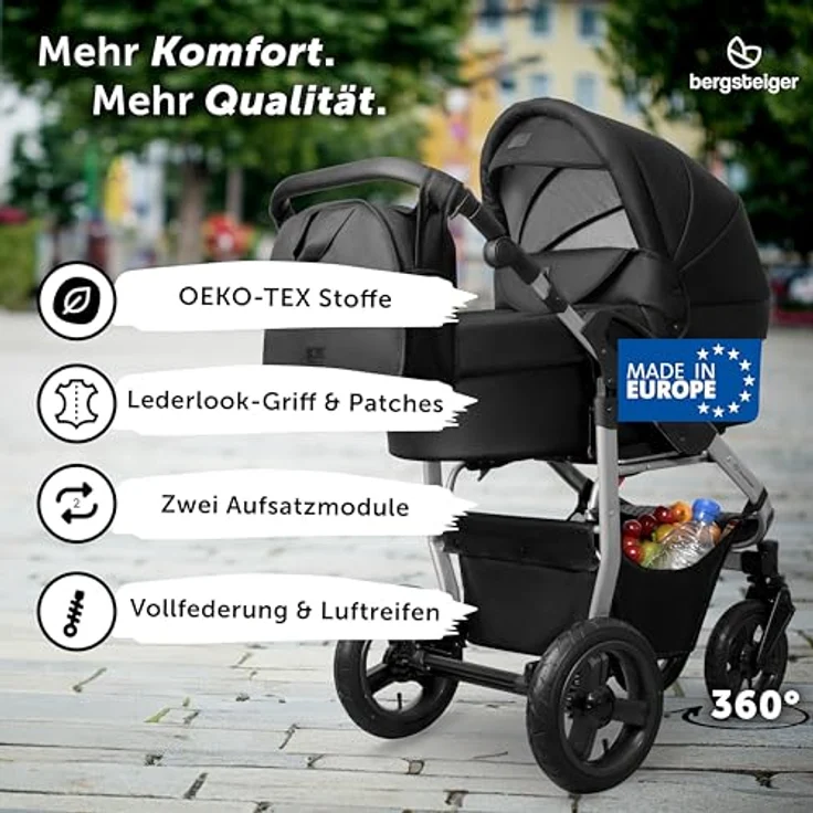Bergsteiger Capri Kombikinderwagen 2-in-1, Babywanne & Sportsitz, Luftreifen, Federung, höhenverstellbarer Griff, faltbar, Zubehör – Bild 2