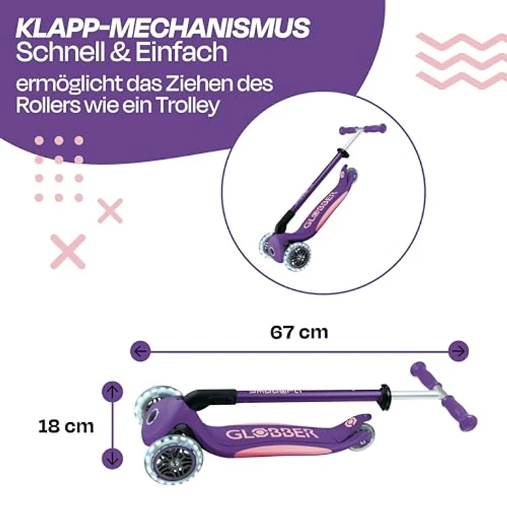 Authentic Sports Globber Primo Foldable Plus Light, Kinder-Scooter lila-pastellrosa mit LED-Leuchtrollen und Klappmechanismus – Bild 3