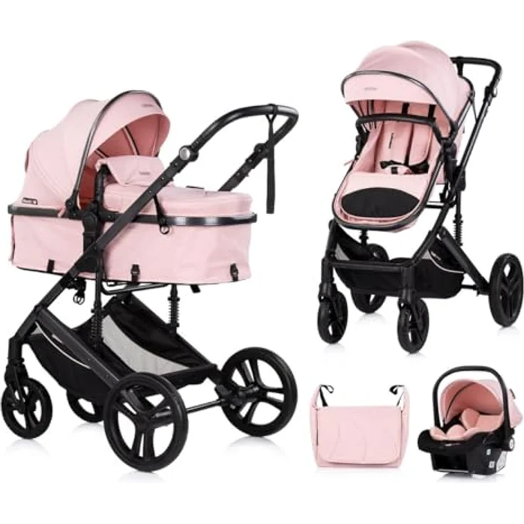 Chipolino Kinderwagen 3 in 1 Amore, Kombikinderwagen mit Babyschale, Adapter, Wickeltasche und Fußabdeckung, rosa pink – Bild 1
