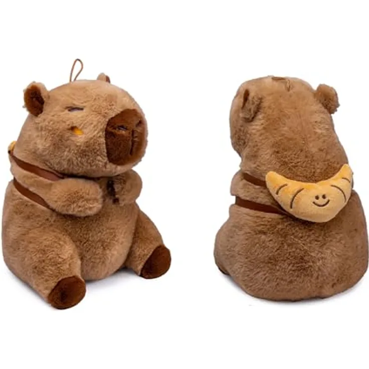 Soma Capybara Kuscheltier braun, Plüschfigur 25 cm mit Snackrucksack Croissant, extra weiches Fellmaterial