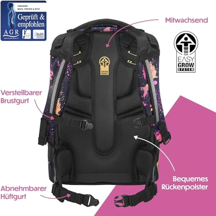 Coocazoo Mate Schulrucksack „Colour Drift”, schwarz, ergonomisch, höhenverstellbar, 30 Liter Volumen, mit Brust- und Hüftgurt, ab der 3. Klasse – Bild 4