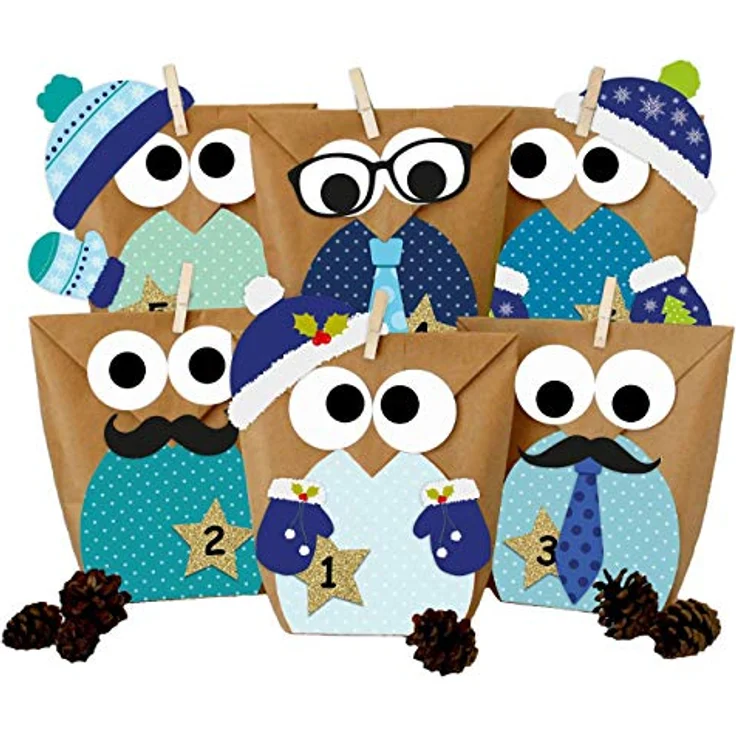 Papierdrachen DIY Adventskalender zum Befüllen - Weihnachtseulen - Eulen Weihnachten - Set Blau mit zusätzlichen Aufklebern - zum selbst basteln - für Kinder - für Jungs – Bild 1