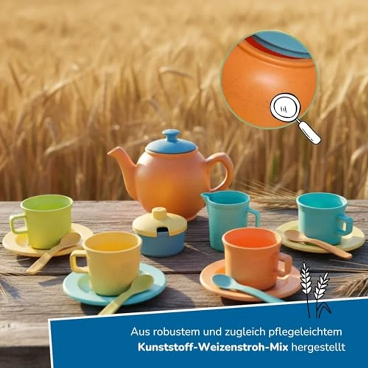 alldoro 60422 Teeservice Kinderküche, 15-TLG. Set aus Kunststoff-Weizenstroh, mehrfarbig, Rollenspiel Geschirr für Kinder ab 3 Jahren, Indoor & Outdoor – Bild 5