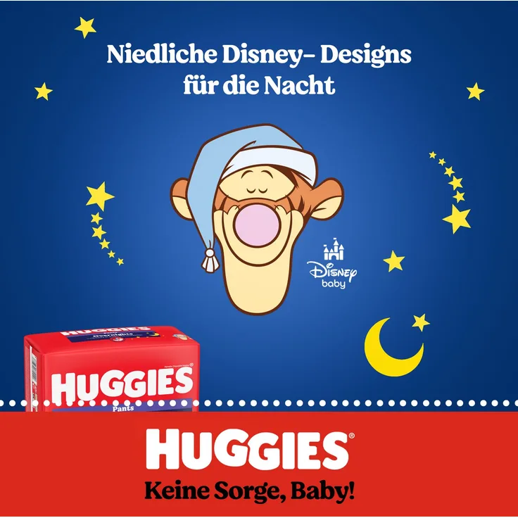 HUGGIES Windeln Overnight Pants Größe 4 (9-14 kg), Nachtwindeln mit Quick-Dry-Technologie und Nässeindikator, 104 Stück im Disney-Design