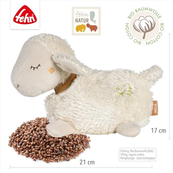 Fehn Wärmetier Schaf NATUR – Kuscheltier mit Bio-Baumwolle (kbA) und entnehmbarem Wärme- / Kältesäckchen - für Babys und Kleinkinder, waschbar bei 30°C, 17 cm – Bild 4