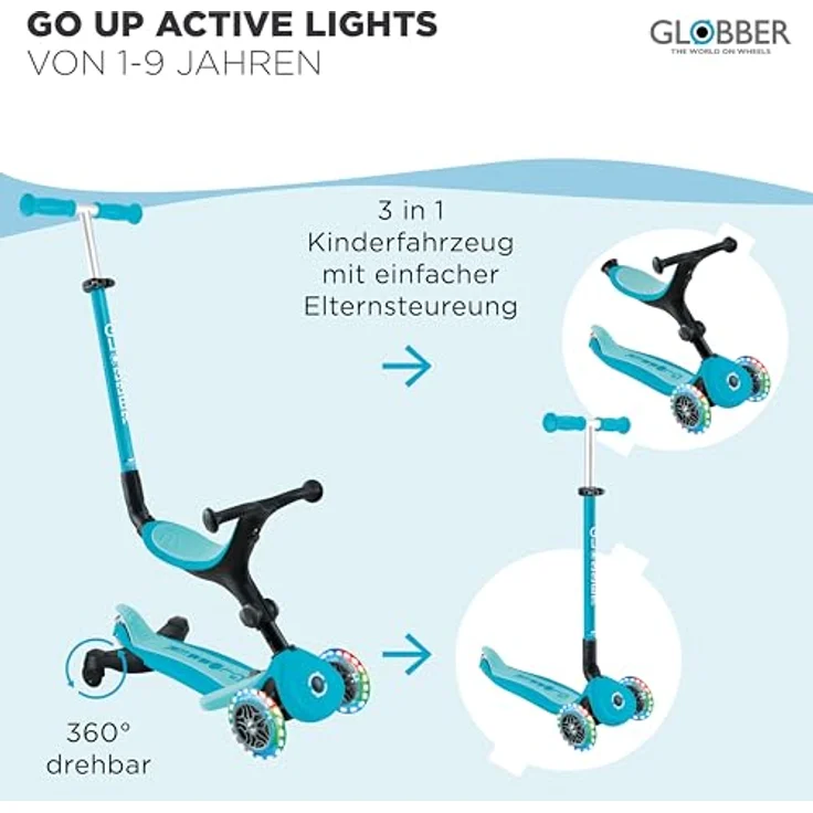 Globber Go Up Active Lights 360 aqua, 3-in-1 Scooter mit LED-Rädern und 360°-Elternlenkung – Bild 4