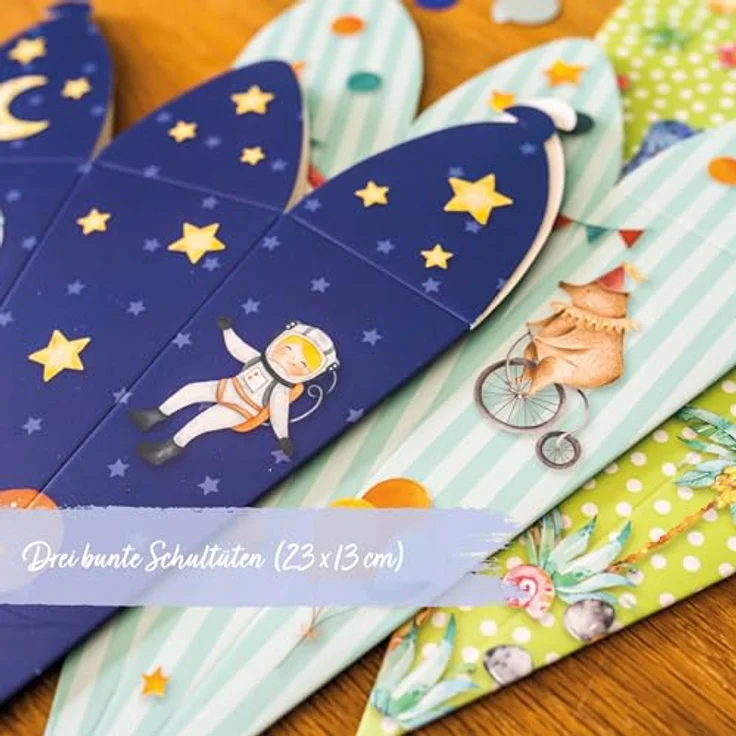 Papierdrachen Bedruckte Schultüten Set, 3 Stück in Blau Grün, 24,5 cm, inkl. dekorative Moosgummi Aufkleber – Bild 2