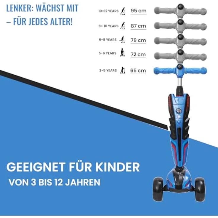 Habib Gruppe Kinderroller LED Leuchträder, 3 Rad Tretroller, klappbar, höhenverstellbar, für Mädchen & Jungen, bis 50 kg, blau – Bild 4