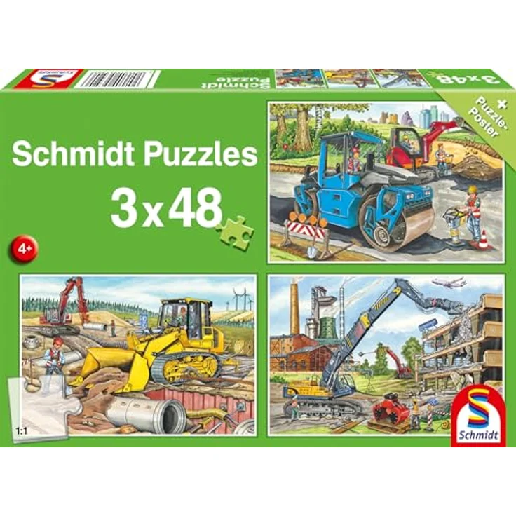 Schmidt Spiele 56520 Meine liebsten Baustellenfahrzeuge Kinderpuzzle, 3x48 Teile, Mehrfarbig – Bild 1