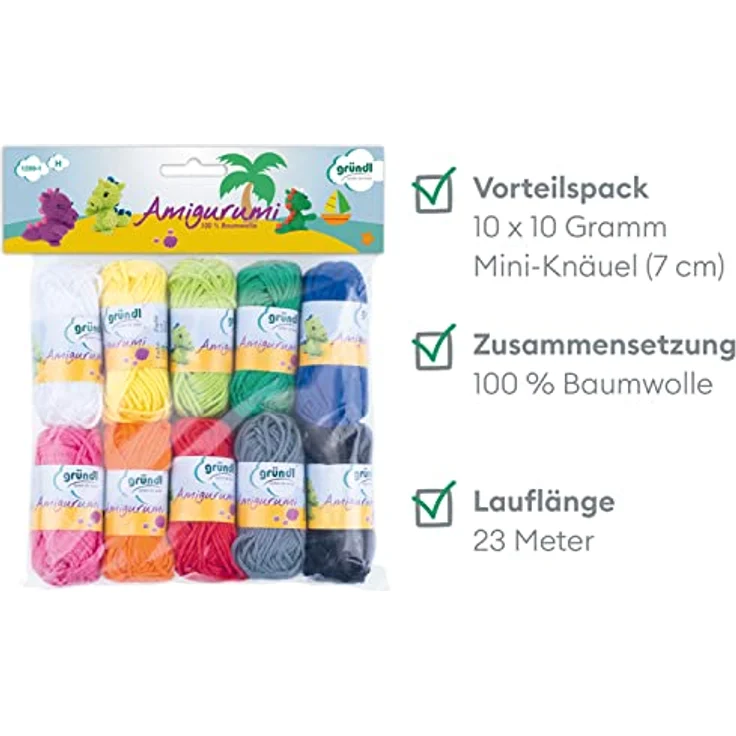 Gründl Amigurumi-Set I Buntstiftfarben (Miniknäuel aus 100 % Baumwolle, ideal zum Häkeln, 10 verschiedenen Farben, 10 g/23 m, Nadelstärke: 3,0 - 4,0 mm, 10 Knäuel á 10 g) – Bild 2