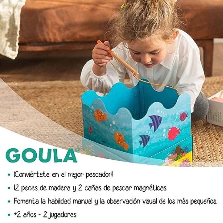 Goula Angelspiel, Brettspiel für Kinder ab 2 Jahren mit 2 magnetischen Angelruten und 12 bunten Holzfischen – Bild 2