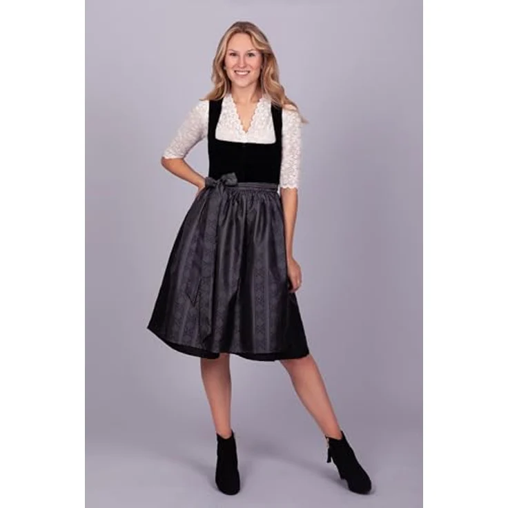 Edelnice Dirndl Midi Evi Samt Schwarz, exquisites Trachtenkleid mit edlem Samtmieder, dunklem Jacquardstoff und schimmernder Schürze – Bild 3