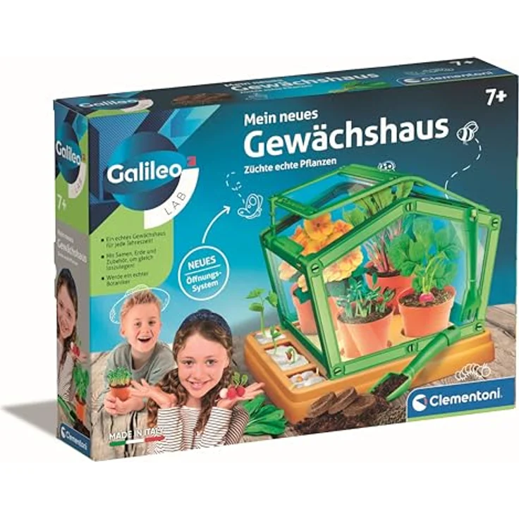 CLEMENTONI Mein neues Gewächshaus Experimentierkasten, transparentes Gewächshaus mit verstellbarem Dach, inkl. Saatgut und Gartengeräte, mehrfarbig, für Kinder ab 7 Jahren – Bild 1