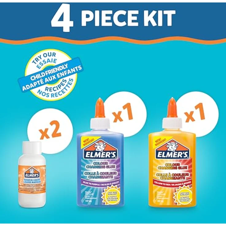Elmer’s Colour Changing Slime Set, 4-teiliges Kit mit farbwechselndem Kleber blau/lila und gelb/rot, inklusive UV-aktivierter Schleim-Aktivator-Lösung – Bild 5
