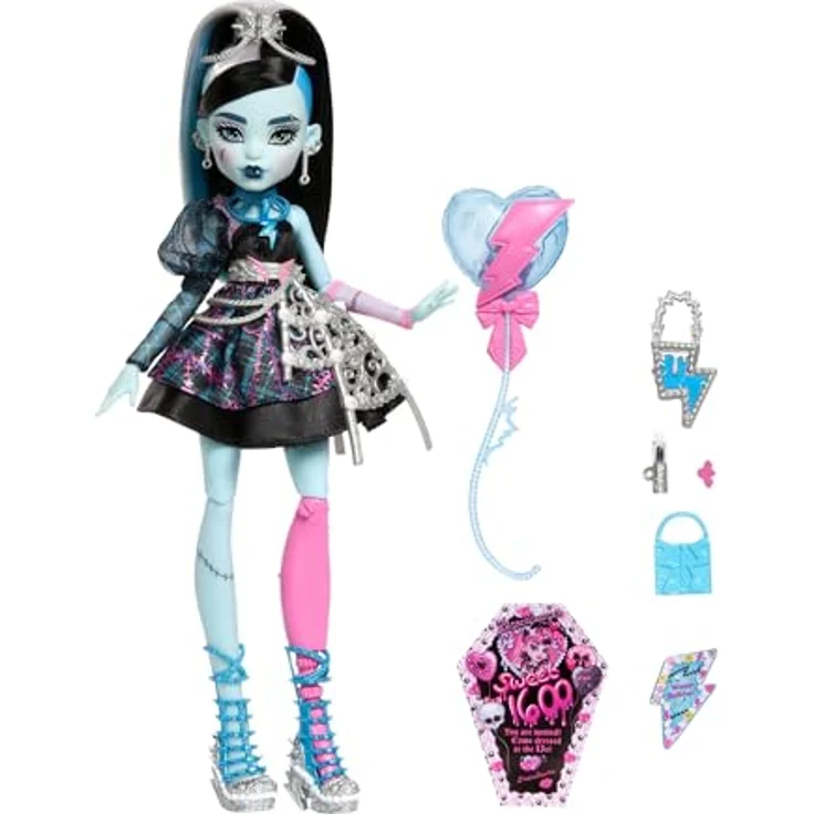 Monster High Scary Sweet Birthday-Puppe, Frankie Stein im schwarzen Partykleid mit themenbezogenem Zubehör und Styling-Accessoires, JBG75 – Bild 5