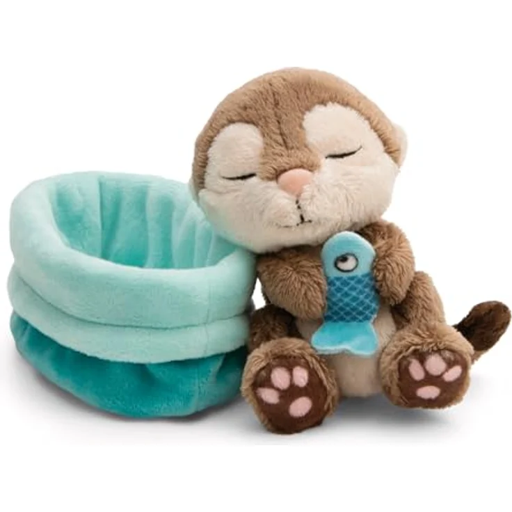 NICI Kuscheltier Otter mit Fisch, 12 cm, schlafend im Körbchen, braun-beige, aus weichem Plüsch – Bild 2