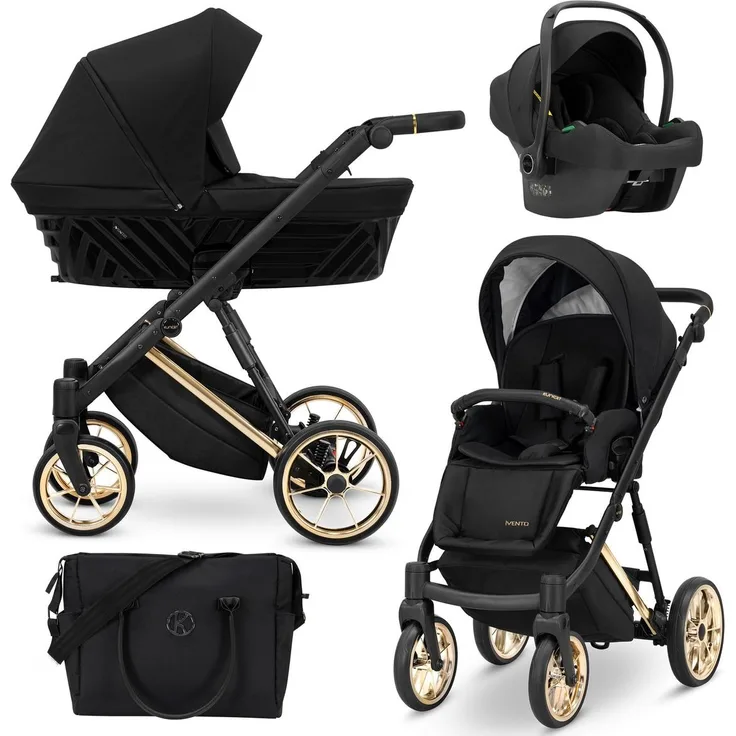 Kunert Ivento Premium 3in1 Kombikinderwagen, Schwarz mit Goldrahmen, inklusive Zubehör und antibakterieller Matratze
