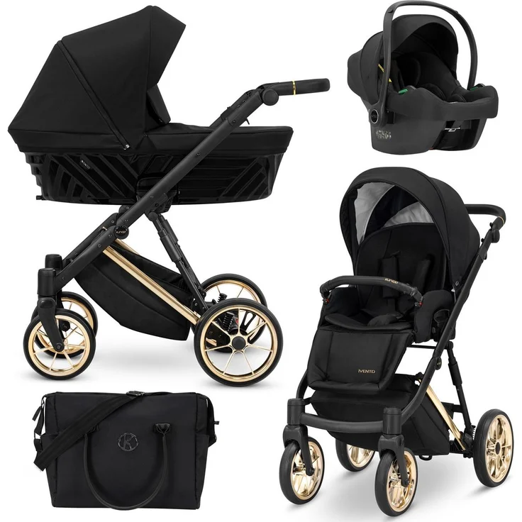 Kunert Ivento Premium 3in1 Kombikinderwagen, Schwarz mit Goldrahmen, inklusive Zubehör und antibakterieller Matratze
