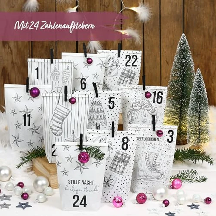 PAPIERDRACHEN Extravaganter Adventskalender zum Befüllen - mit 24 weißen Geschenktüten und 24 Zahlenaufklebern - Motiv Christmas Set 15 - zum Basteln und Verschenken - Weihnachten & Advent – Bild 3