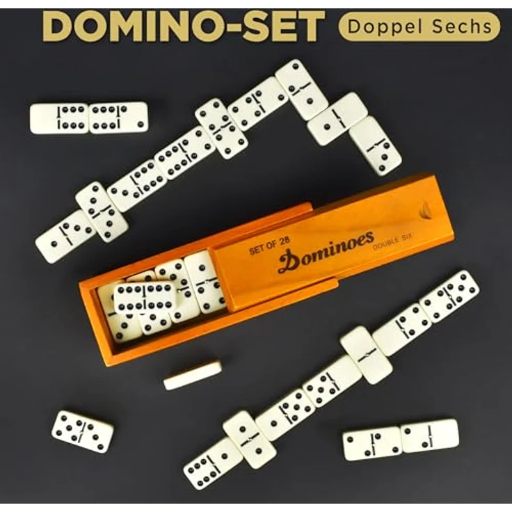 Queensell Domino-Set für Erwachsene, Doppel-6 Brettspiel mit 28 robusten Elfenbeinsteinen und brauner Holzkassette, für 2-4 Spieler – Bild 2