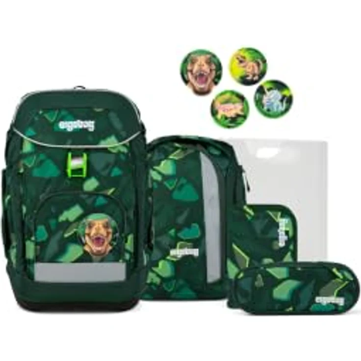 ergobag Maxi Schulranzen-Set DinosauriBär, 26 Liter Volumen, verstellbares Your-Size-System, wasserabweisend, inkl. Heftebox und Sportrucksack – Bild 1