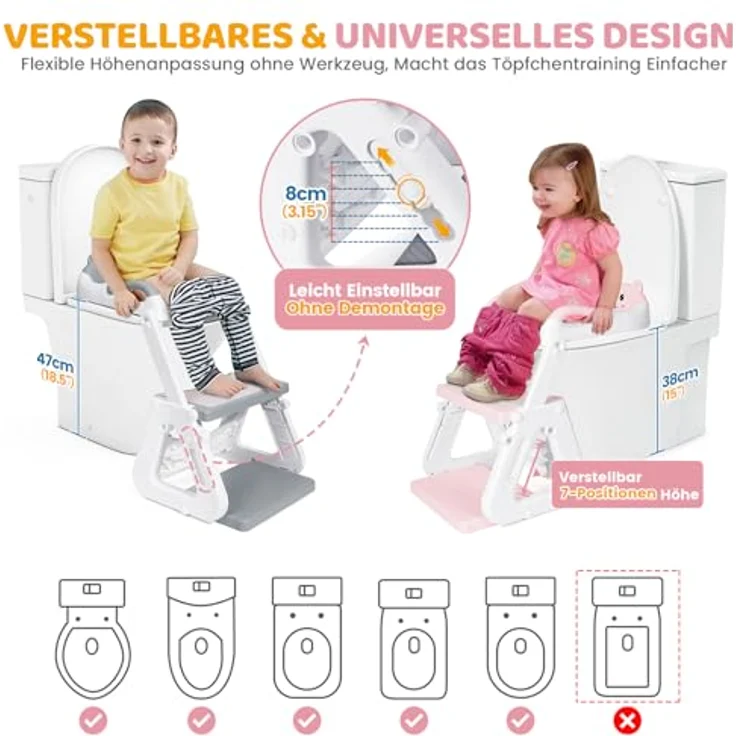 Orzbow Toilettensitz Kinder mit Treppe, stabiler dreieckiger Struktur, verlängerter Spritzschutz, rutschfest und faltbar, PVC-Polster, rosa – Bild 3