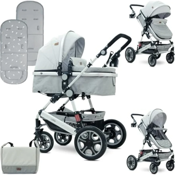 Lorelli Kinderwagen Lora 3 in 1, faltbar mit Gummirädern, Tragetasche, Sportsitz, Fußabdeckung, grau – Bild 1