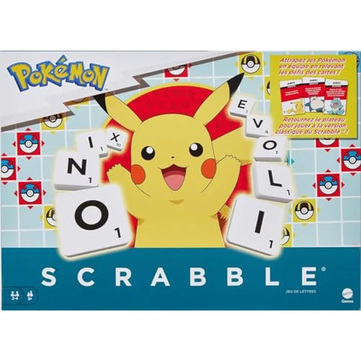 Mattel Games Scrabble Pokémon, Brettspiel mit 2 Spielmöglichkeiten, 50 Herausforderungskarten, für 2-4 Spieler, HXT27 – Bild 1