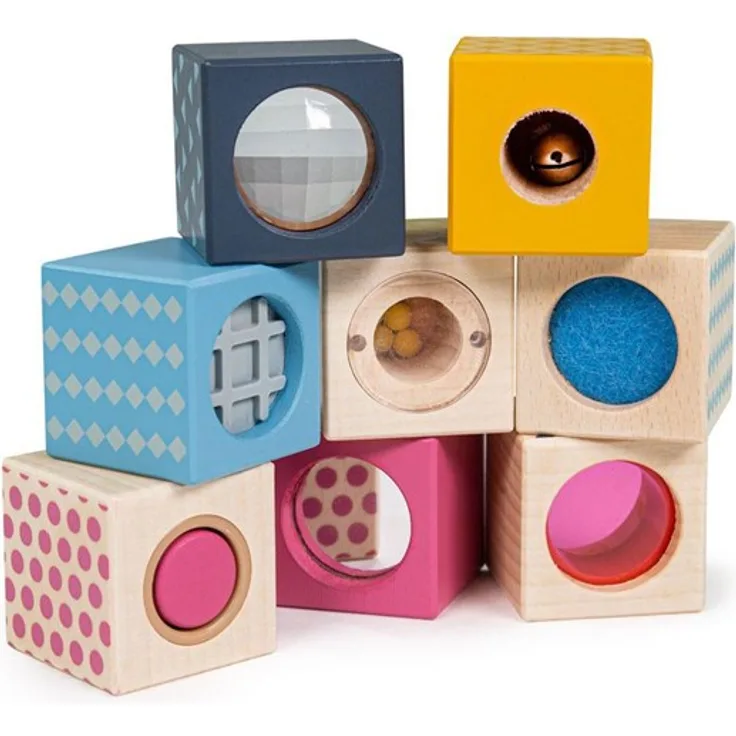 Bigjigs Wooden Senses Building Blocks, 8-teiliges Holzspielzeug mit verschiedenen Sinneserfahrungen