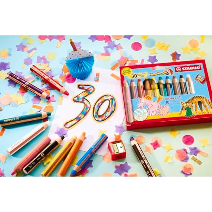 STABILO woody 3in1, Buntstift, Wassermalfarbe und Wachsmalkreide, 10 Stück, 30 Jahre Spaß – Bild 7