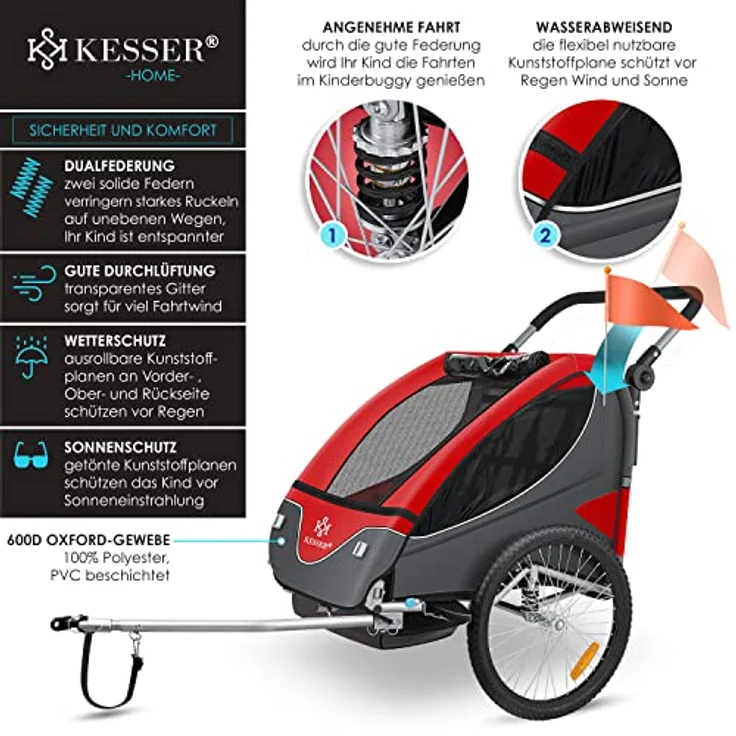 KESSER® Cruiser Kinderanhänger Fahrradanhänger 360° Drehbar mit Federung 2in1 Joggerfunktion Kinderfahrradanhänger + 5-Punkt Gurt Jogger Fahrrad Anhänger für 1 bis 2 Kinder max. 40kg Rot – Bild 4