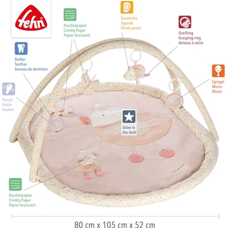 Fehn 3-D-Activity-Decke Vogel mit Glow-in-the-dark Bestickung - Spielbogen mit 5 abnehmbaren Spielzeugen für Babys ab 0+ Monaten – Bild 4