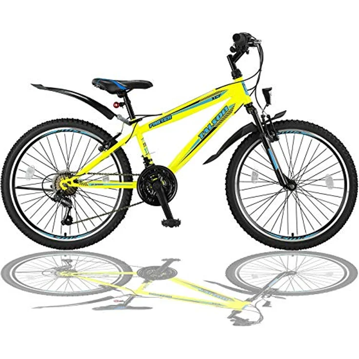 Talson 24 Zoll Mountainbike Fahrrad mit Gabelfederung & Beleuchtung 21-Gang Shimano FST Gelb – Bild 1