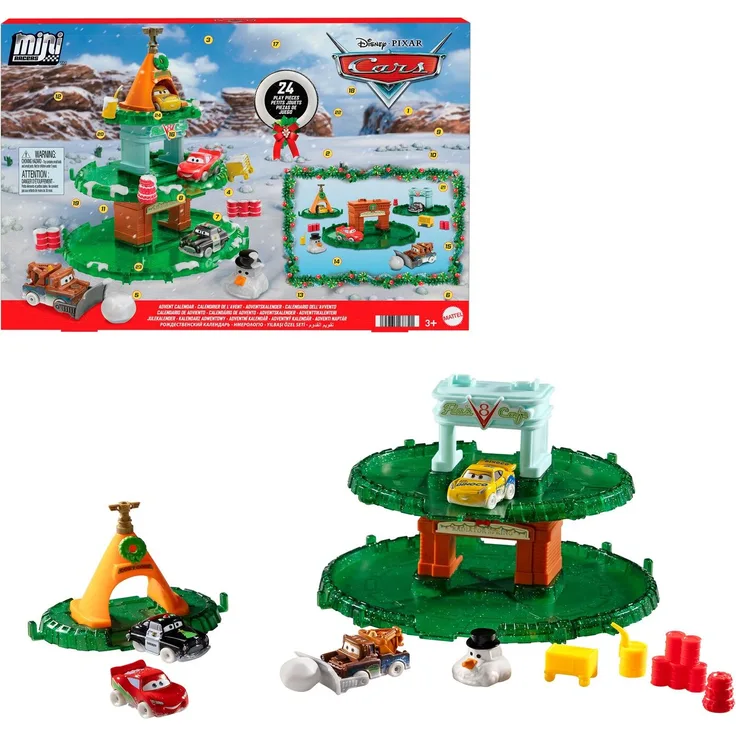 Mattel Disney Pixar Cars Microauta Adventskalender, mit 4 Mini-Fahrzeugen und winterlicher Schneemann-Autofigur