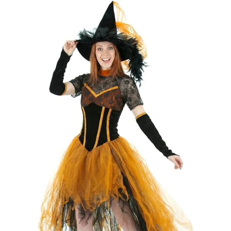 Funny Herbsthexe Freya Hexenkostüm, schwarz-orange mit Spitze, inkl. Gloves und Hexenhut, Größe 44-46 – Bild 2