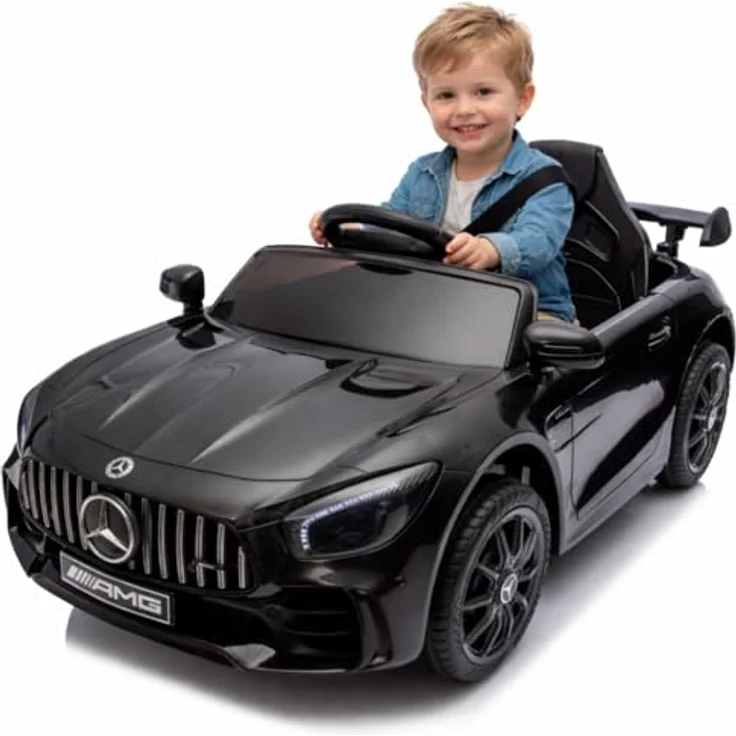 FINOOS Mercedes GTR AMG Kinder Elektroauto, 12V mit Fernbedienung, Schwarz, 2x 30W Motoren, echte Federung, Sanftanlaufsystem – Bild 1
