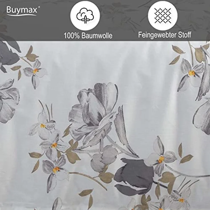 Buymax Bettwäsche 135x200 Baumwolle 2-Teilig Bettgarnitur mit Bettbezug und Kissenbezug 80x80 Renforce Bettwäsche-Set Geblümt Herbstliches Blumen-Muster, Grau Weiß – Bild 3