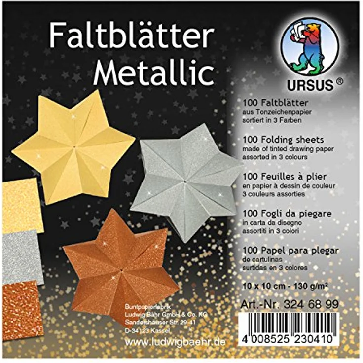 Ursus 3246899 - Faltblätter Metallic, Tonzeichenpapier 130 g/qm, 100 Blatt in 3 Farben, durchgefärbt, 10 x 10 cm, hohe Farbbrillanz – Bild 1