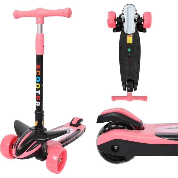 Europebazar Habib Plane Scooter Kinderroller 3-Rad mit LED-Lichtern, faltbar und höhenverstellbar, Pink