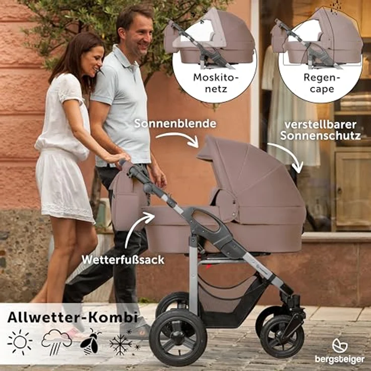Bergsteiger Capri 2-in-1 Kombikinderwagen, Babywanne & Sportsitz, Luftreifen, Rahmenfederung, höhenverstellbarer Griff, faltbar, mit Zubehör – Bild 5