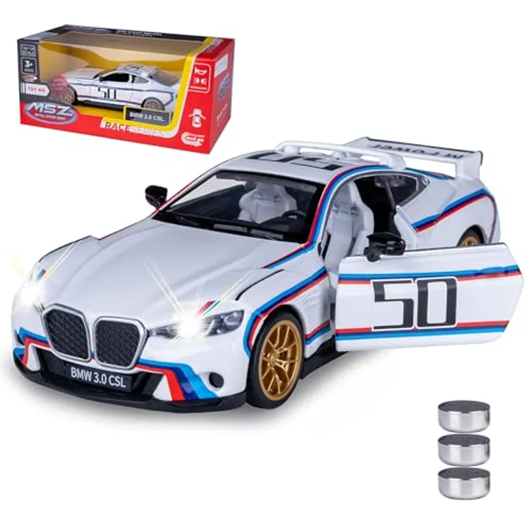 JAMARA 402622 BMW 3.0 CSL Diecast 1:34, Modellauto mit LED Licht, manuell öffnenden Türen und Rückzugmotor, Geschenkidee für Kinder