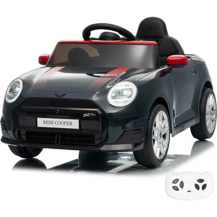 Vrooomy MINI Cooper JCW Kinder Elektroauto 12V mit Fernbedienung, für 1 bis 5 Jahre, schwarz, MP3-Player, LED-Beleuchtung, Sicherheitsgurt, 3–6 km/h
