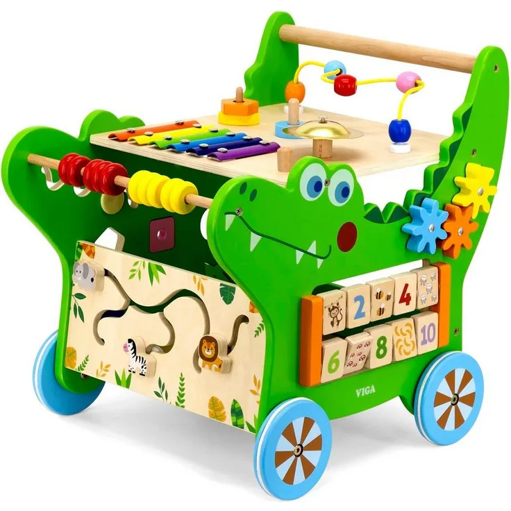 TikTakToo Krokodil Lauflernwagen Baby Aktivity Walker, Motorikbrett mit Xylophon, Glocke, Stapelspiel und Formensteckspiel, FSC-Holz mit Gummilaufringen, ca. 36 x 43 x 42 cm