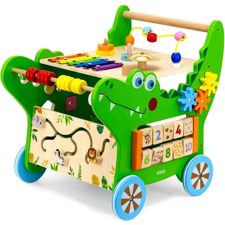 TikTakToo Krokodil Lauflernwagen Baby Aktivity Walker, Motorikbrett mit Xylophon, Glocke, Stapelspiel und Formensteckspiel, FSC-Holz mit Gummilaufringen, ca. 36 x 43 x 42 cm