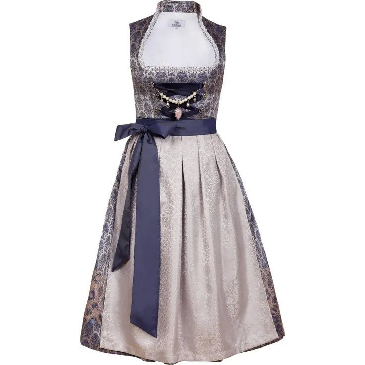 Edelnice Dirndl Marianna Stehkragen in Grau-Silber und Dunkelblau, Couture-Look mit Perlen Charivari